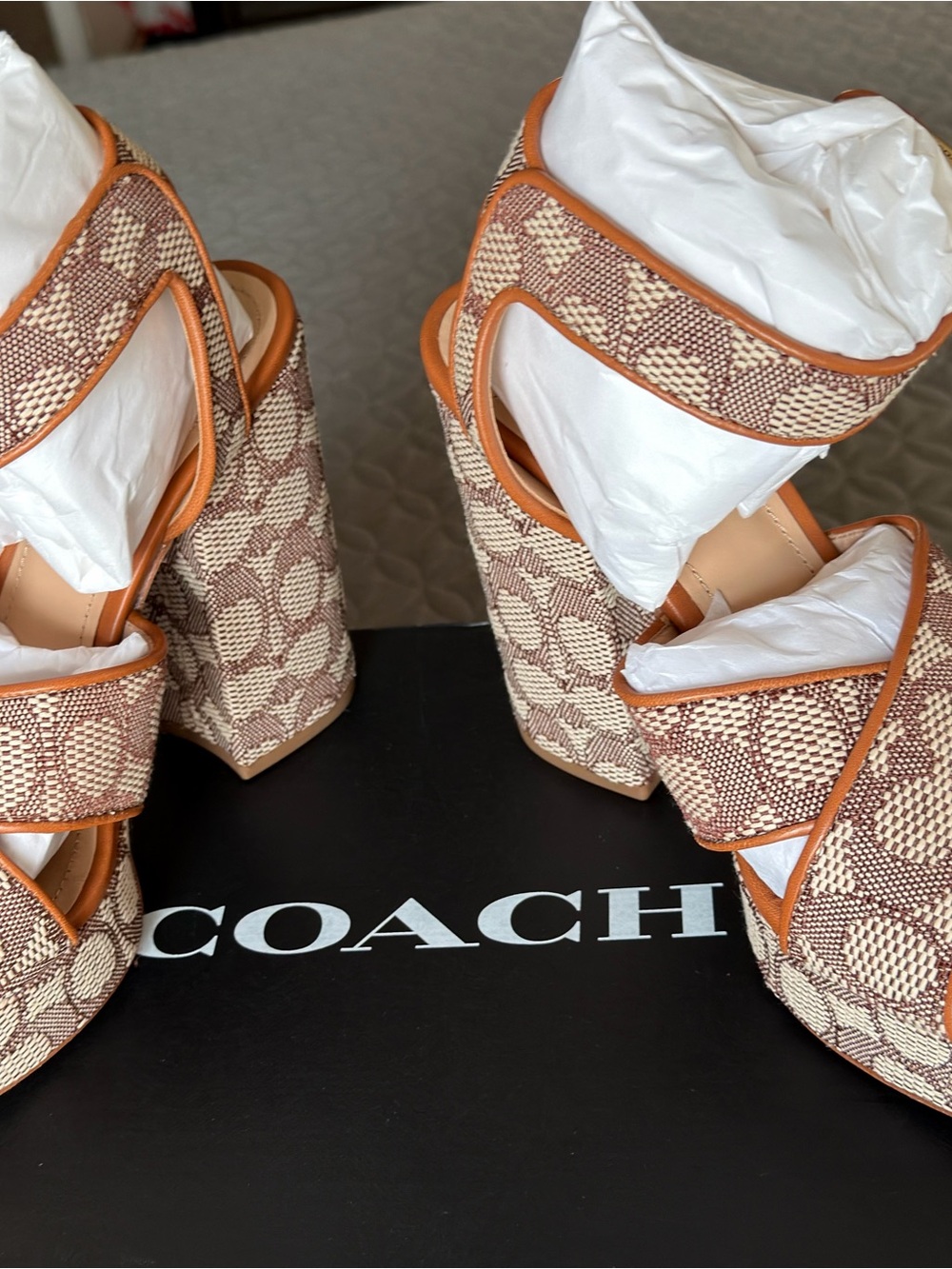 Coach Brown & Cream Canvas Platform Sandals with Ankle Strap - Picture 5 of 10